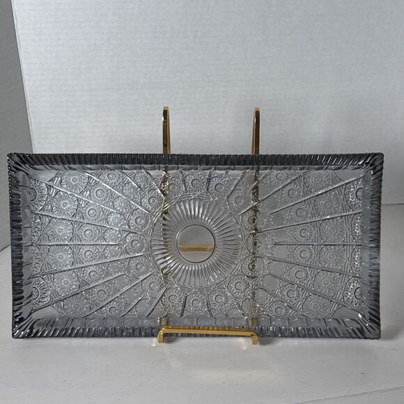 Heavy Glass Gray Tinted Oblong Tray Cut Glass Styling 7”x14” - Picture 8 of 8